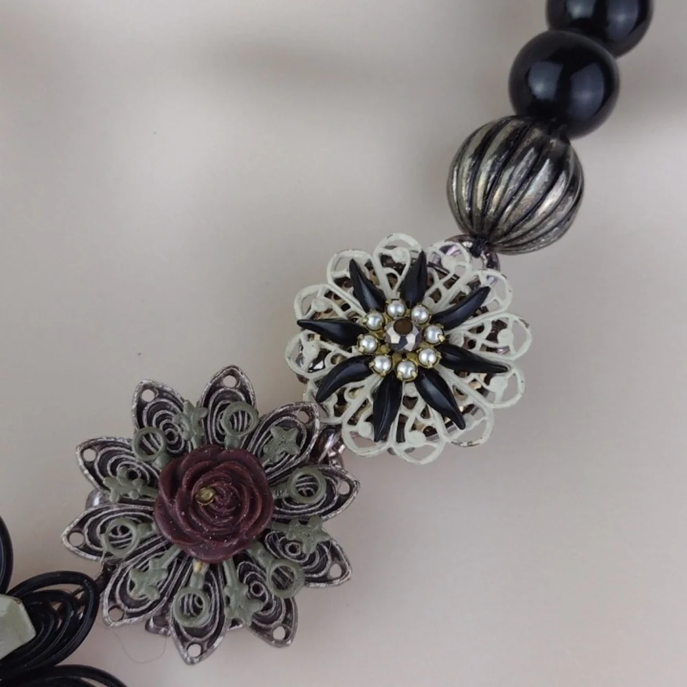 Vintage Mixed Metal Highly Crafted Varied Flower Pendants Black Bead Necklace
